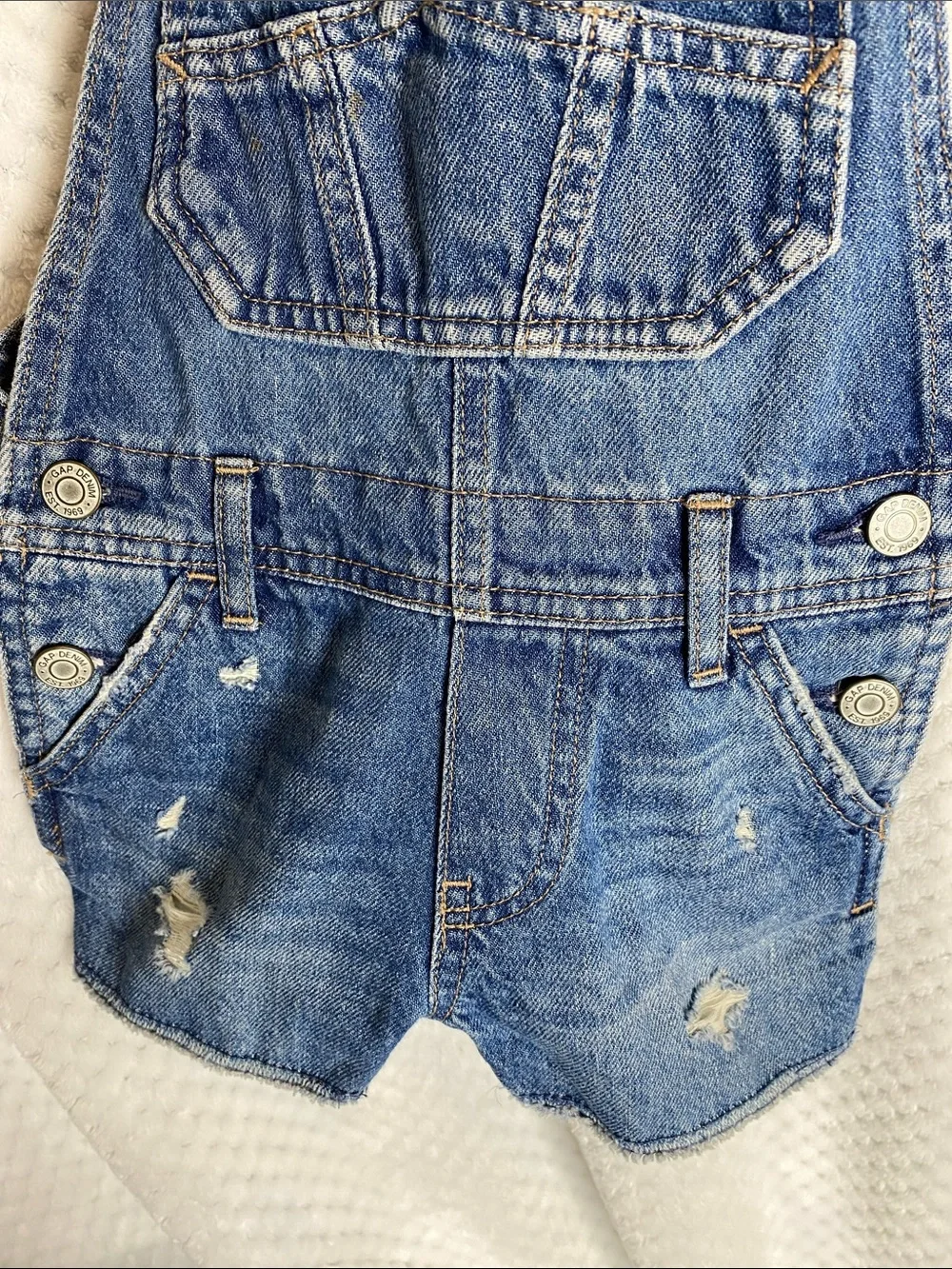 GAP Kids Distressed Denim Short Overalls Blue Jean